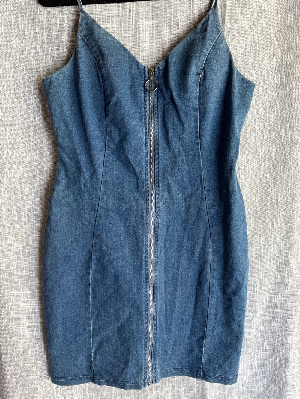 iris Denim Zip-Front Spaghetti Strap Mini Dress - Blue